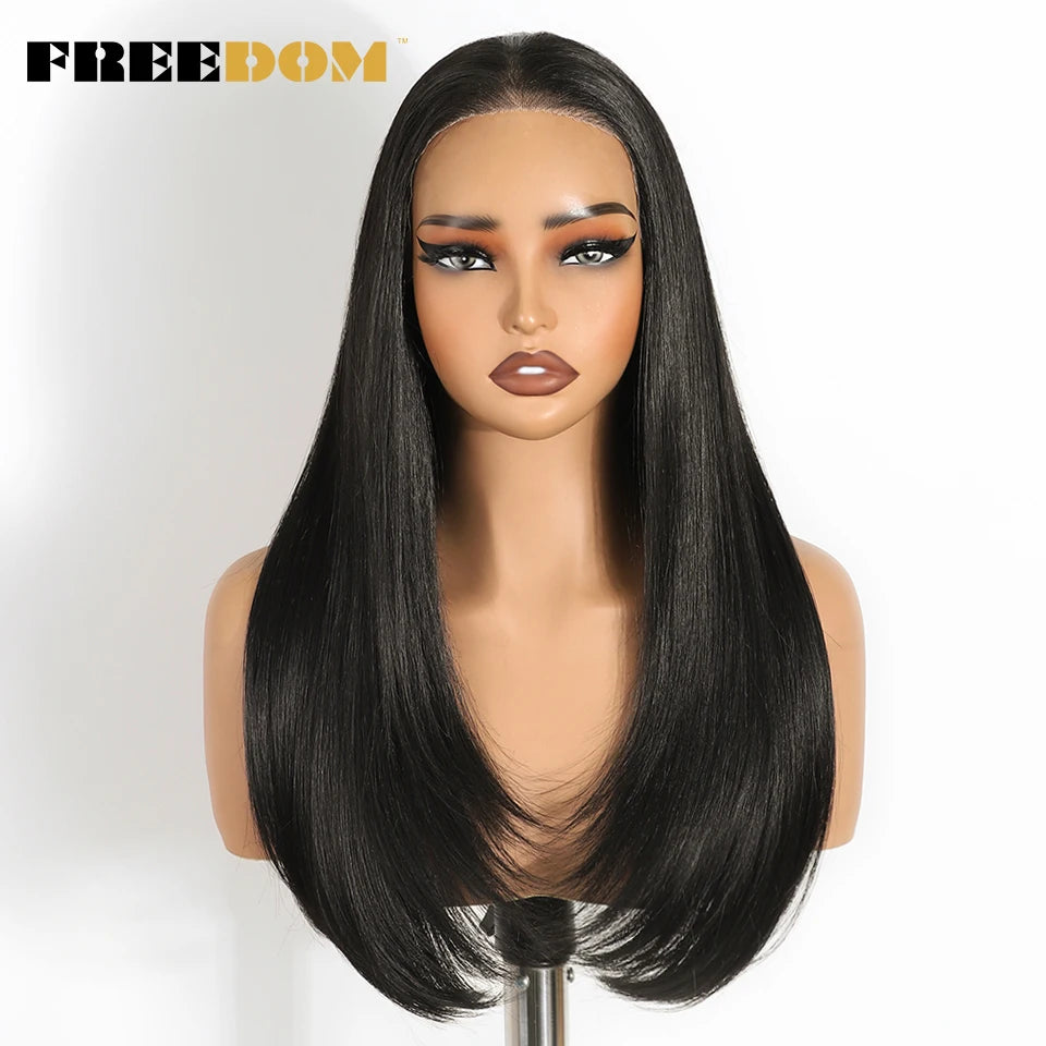 FREEDOM 9x6 Pre Plucked Synthetic Lace Front Wigs For Women Straight Layerd Wig 24" Ombre Blonde Wear And Go Glueless Lace Wigs