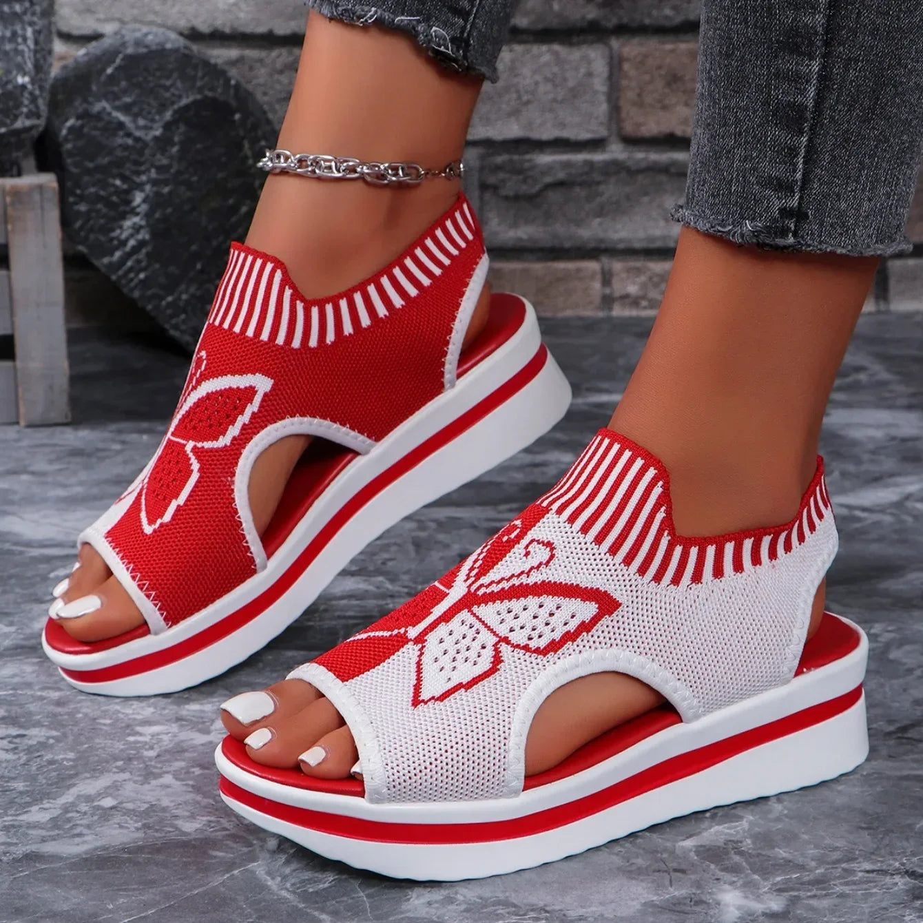 2024 Summer New Women Sandals Round Toe Platform Sole Mesh Single Women Shoes Casual Fashion Blue Butterfly Plus Size Sandals