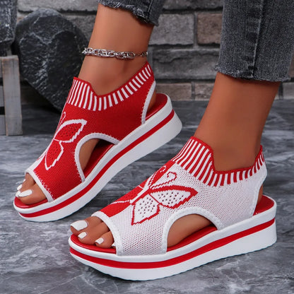 2024 Summer New Women Sandals Round Toe Platform Sole Mesh Single Women Shoes Casual Fashion Blue Butterfly Plus Size Sandals