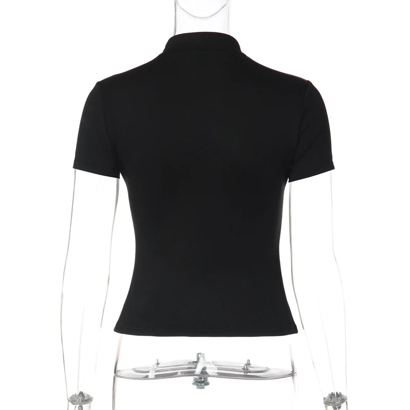 Stand Collar Button Hollow Out T-shirt Women Sexy Solid Short Sleeves Slim Fit Cropped Shirts 2026 Lady Daily Street Outwear New