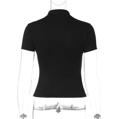 Stand Collar Button Hollow Out T-shirt Women Sexy Solid Short Sleeves Slim Fit Cropped Shirts 2026 Lady Daily Street Outwear New
