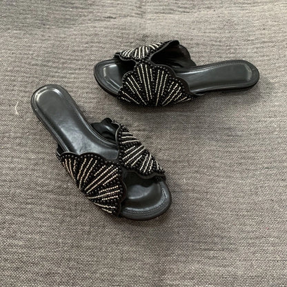 Luxury Summer Flat Sandals for Women Fashion Faux Pearl Designer Slide Sandal Comfortable Lightweight Beach Casual Shoes Woman