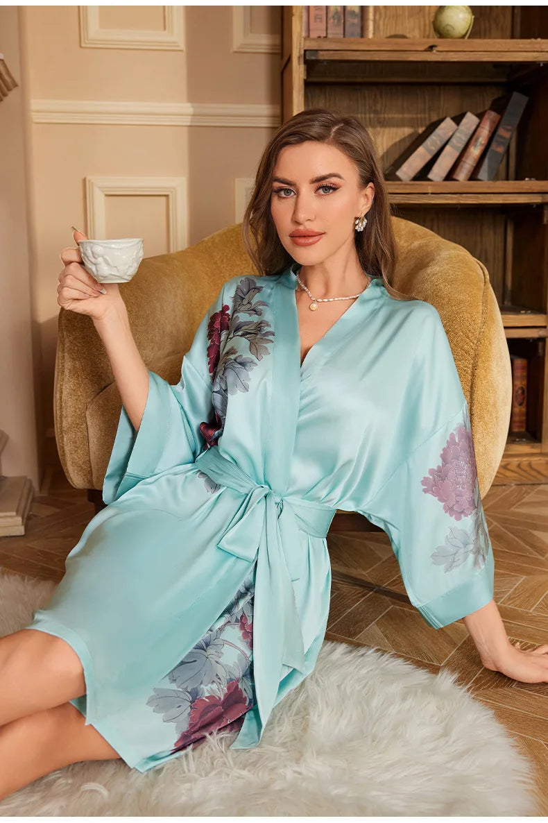 Navy Blue Print Flower Robe Nightgown Silk Satin Female Sleepwear Nightdress Spring Summer Loose Kimono Bathrobe Gown Home Wear