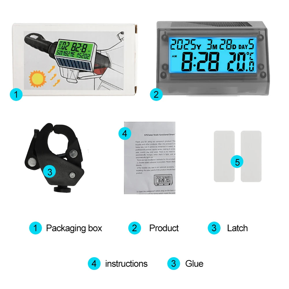 Solar Motorcycle Digital Clock with Date Week Temperature LCD Backlit Display Waterproof Thermometer with Motorcycle Stand