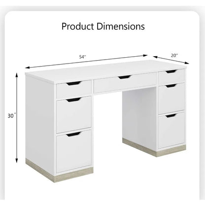 White 54 Inch Executive Desk with 7 Drawers and Cabinet for Bedroom Home Office Small Spaces Modern Writing and Study Desk