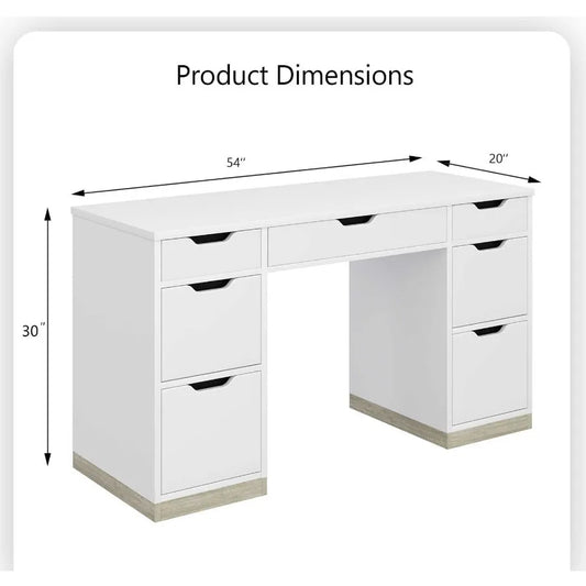 White 54 Inch Executive Desk with 7 Drawers and Cabinet for Bedroom Home Office Small Spaces Modern Writing and Study Desk