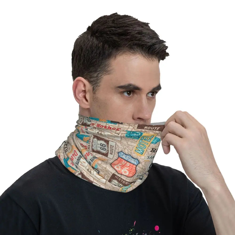 Custom Travel Motorcycle Ride Route 66 Bandana Winter Neck Warmer Windproof Wrap Face Scarf for Hiking Highways Gaiter Headband