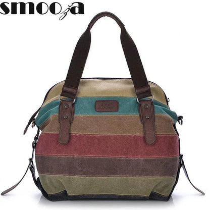 Canvas Totes Striped Womens Handbag 2021 Patchwork Rainbow Shoulder Bag Fashion Female Casual Crossbody Bag Sac A Main