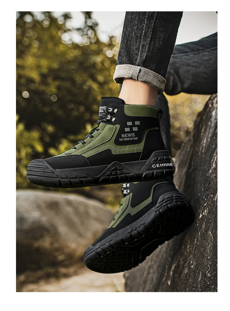 Original Black Leather Ankle Boots For Men Outdoor Non-slip Work Boots Men's Motorcycle Boots Platform High Top Bikers Shoes Man