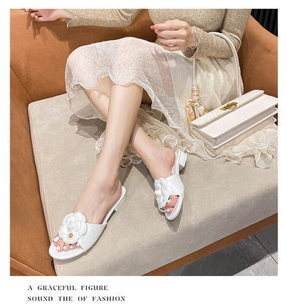 High End Luxury Flower Slippers Women Camellia Shoes Open Toe Slides Femme Outside&Home Pantuflas Sandals Ladies Flip Flops