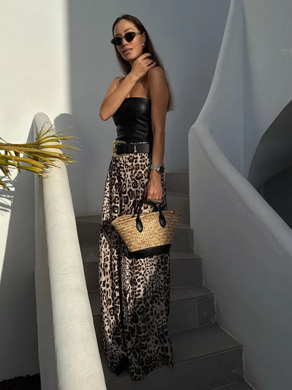 UNIZERA Leopard Satin with Belt High Waisted Trousers Wide Leg Pants Women's Clothing 2025 Summer New Arrivals Casual Pants