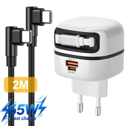 HAPPORIA 65W USB C Fast Charger Retractable Cable 3 Port Travel Adapter Foldable Plug PD Charger for iPhone 15 16 17 Samsung