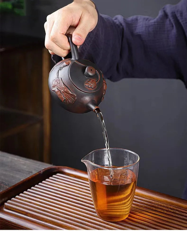 Purple Pottery Relief Teapot Hand-carved Dragon Pattern Beauty Kettle Traditional Ball Hole Filter Pot Chinese Zisha Tea Set