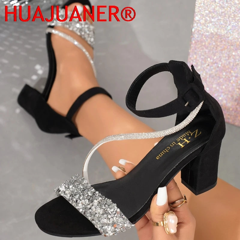 Women's  Summer Fashion Sandals Medium High Heel ne button Sandals Outdoor Fashion Sandals Women Heels Black Red Sandalias