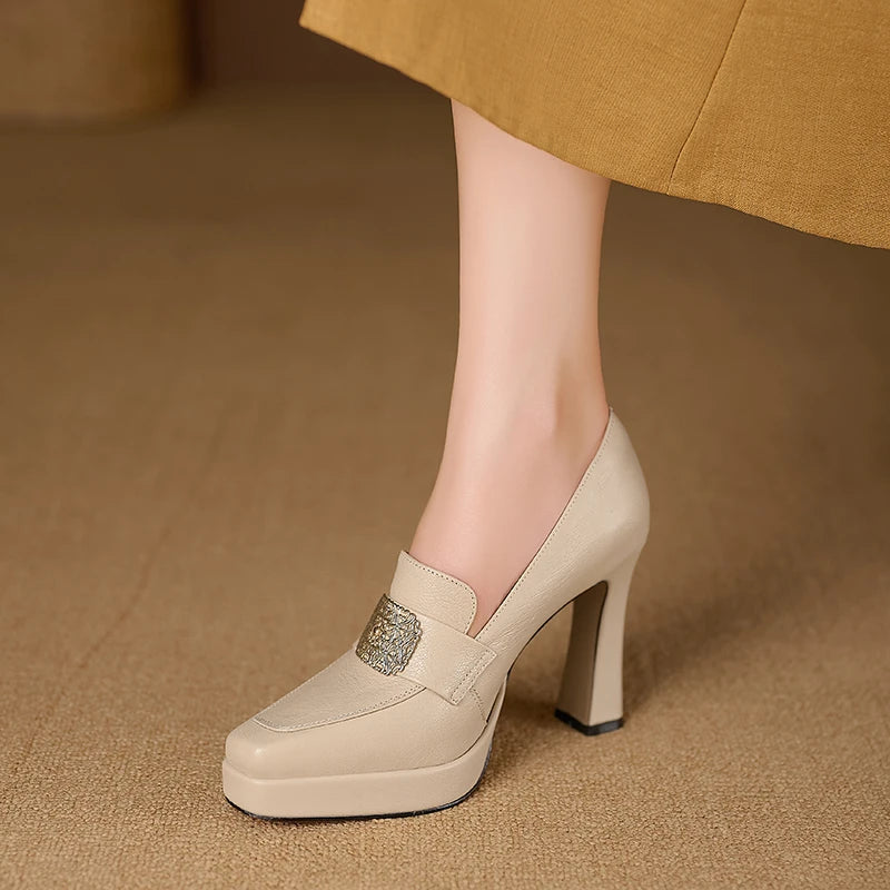 【JOCHEBED HU】Brand Genuine Leather Platform Shoes for Ladies Square Toes Women's Sewing Lines High Heels Leather