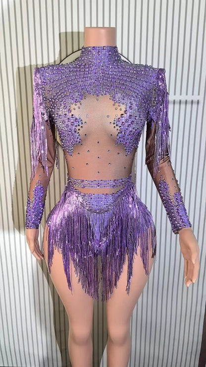 Sexy Skinny Leotard Singer Dancer Show StageWear Sparkly Blue Rhinestones Women DanceCostume Fringes One Shoulder Bodysuit  7G