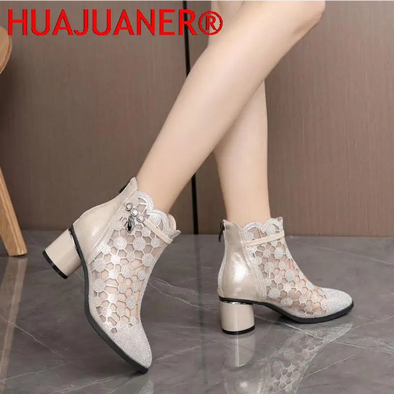 2026 Spring Summer Fashion Rhinestones Gauze Sandals Thick Heels Mesh Autumn Ankle Boots Female Hollow Women's Shoes