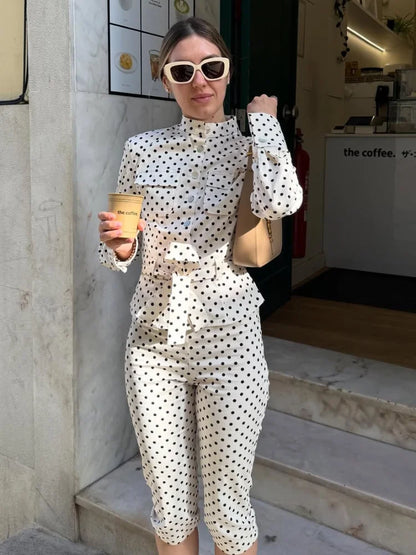Fashion Polka Dot Cropped Pants Set For Women Y2K Stand Collar Lace Up Jacket High Waist Capri Pants Lady Street 2 Pieces Outfit