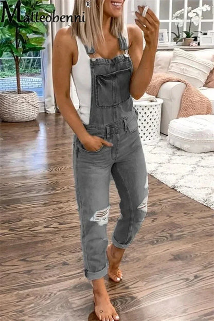 Fashion Broken Holes Straight Jeans Splicing Pocket Strap Pants Women's Street Casual Versatile Basic Jumpsuit Female Rompers 23
