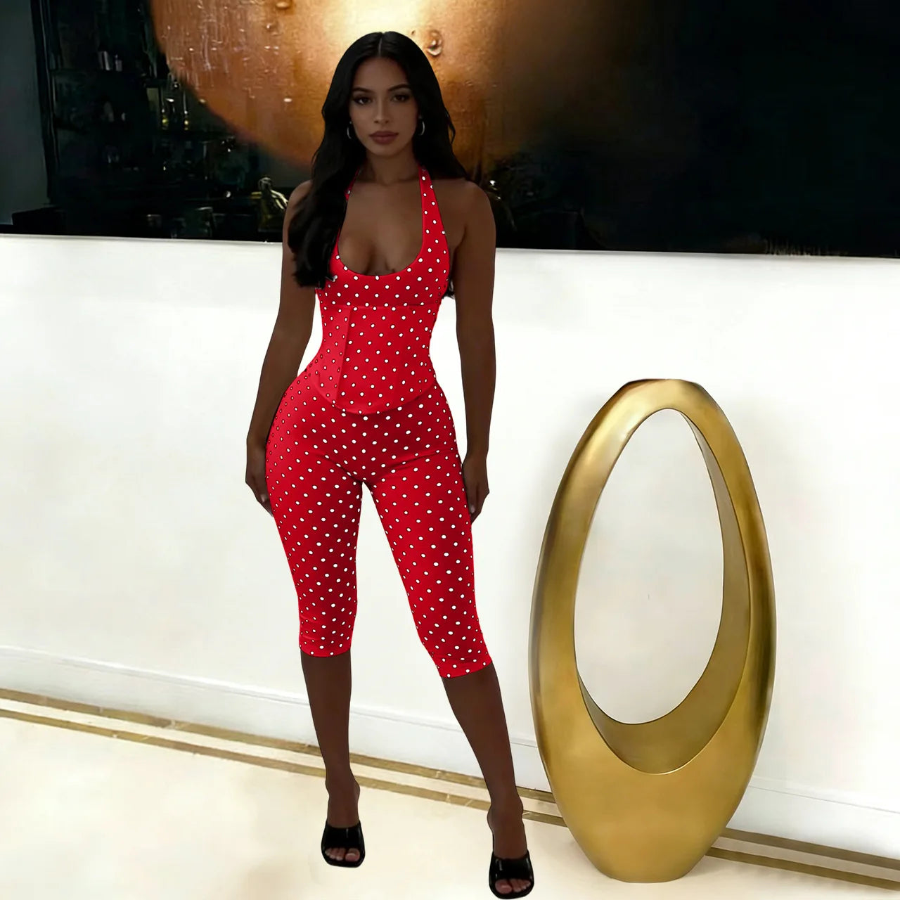 FAGADOER Sexy Polka Dot Print Bodycon Jumpsuits Woman Halter Deep V-neck Backless Rompers Female Streetwear Overalls 2026 New