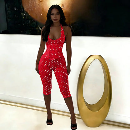 FAGADOER Sexy Polka Dot Print Bodycon Jumpsuits Woman Halter Deep V-neck Backless Rompers Female Streetwear Overalls 2026 New