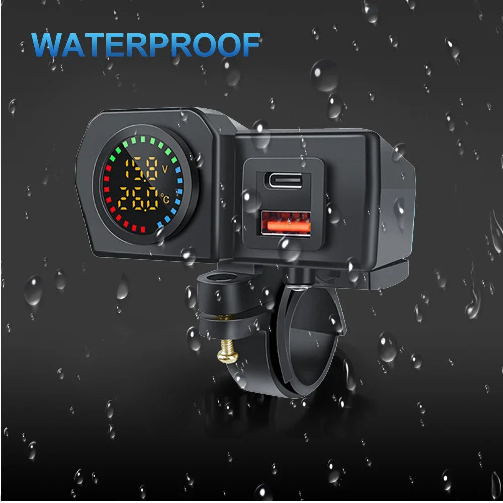 60W Motorcycle QC3.0 PD Charger Socket USB Type-C Fast Charging Motorcycle Charger Plug Voltmeter Thermometer Digital Display