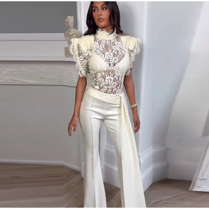 Elegant Ruffles Lace Top Ribbon Flare Pants Sets Women Short Sleeve See through Top High Waist Pant 2026 Summer Evening Outfit