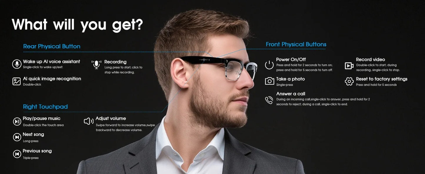 2026 New 4K HD 800W Pixel Dual-Camera Smart Glasses Men 1080P Video Recording AI Chat WIFI Transmission Translation Call Glasses