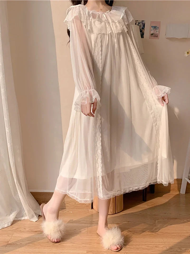 Women Ruffles Vintage Nightgowns Lolita Princess Sleepwear White Lace Mesh Fairy Night Dress Victorian Nightdress Loungewear