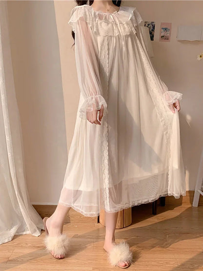 Women Ruffles Vintage Nightgowns Lolita Princess Sleepwear White Lace Mesh Fairy Night Dress Victorian Nightdress Loungewear