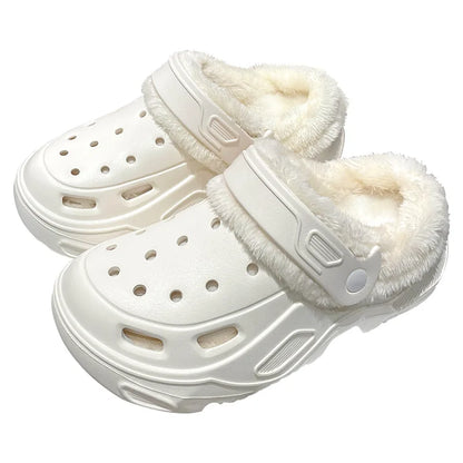 Plush slippers 2025 new winter men's and women's thick high heels soft-soled beach garden shoes home plush ripped slippers
