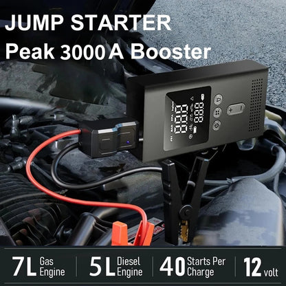 4 IN1 Car Jump Starter with Tire Inflator, 3000A Jump Starter Power Bank with 150PSI Air Pump Auto Air Compressor, LED Light