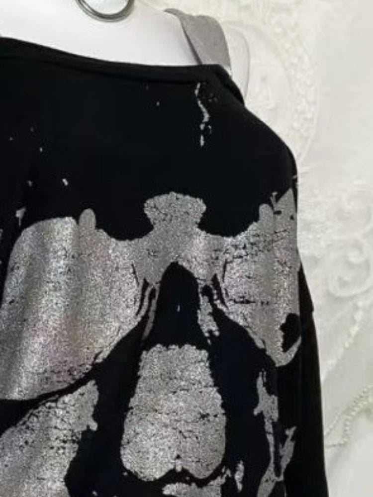 Y2k Fake Two Pieces Vintage Tops Streetwear Slash Neck Skull Print Off Shoulder Gothic Punk Tshirts Women Grunge Harajuku Tees