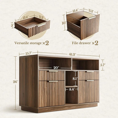 4 Drawer File Cabinet, Fluted Wood Lateral Filing Cabinet with Lock and Charging Station for Home Office, Printer, Customized