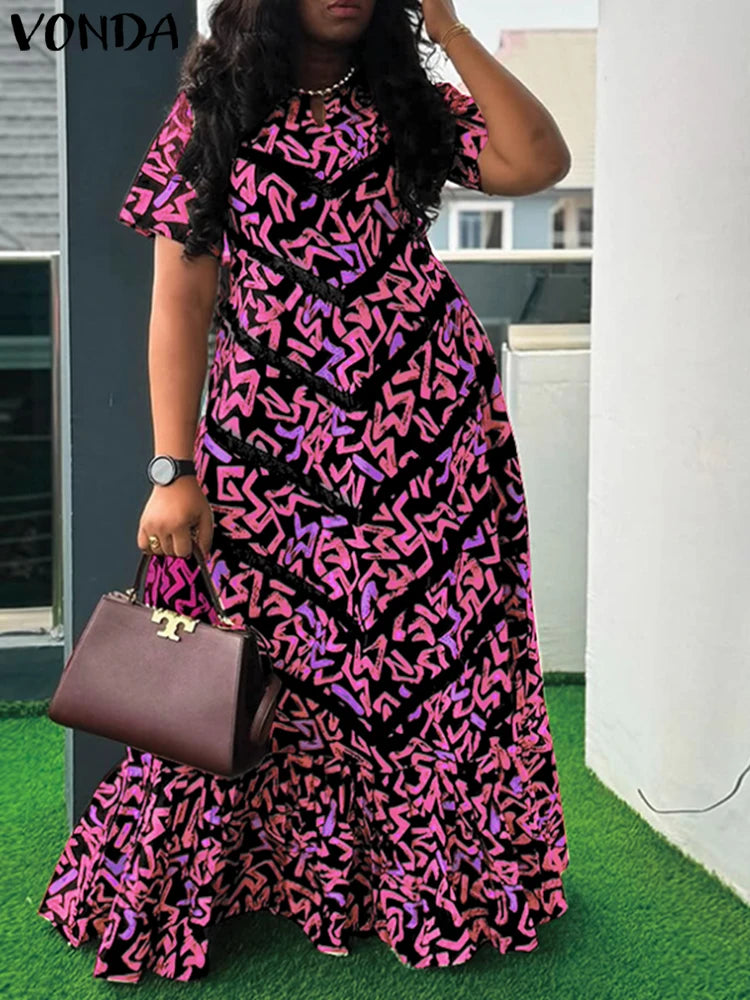 VONDA Women Vintage Maxi Dress Short Sleeve Summer Party Vestidos 2025 Casual Printed A-line Robe Bohemian V-Neck Long Sundress