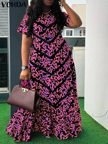 VONDA Women Vintage Maxi Dress Short Sleeve Summer Party Vestidos 2025 Casual Printed A-line Robe Bohemian V-Neck Long Sundress