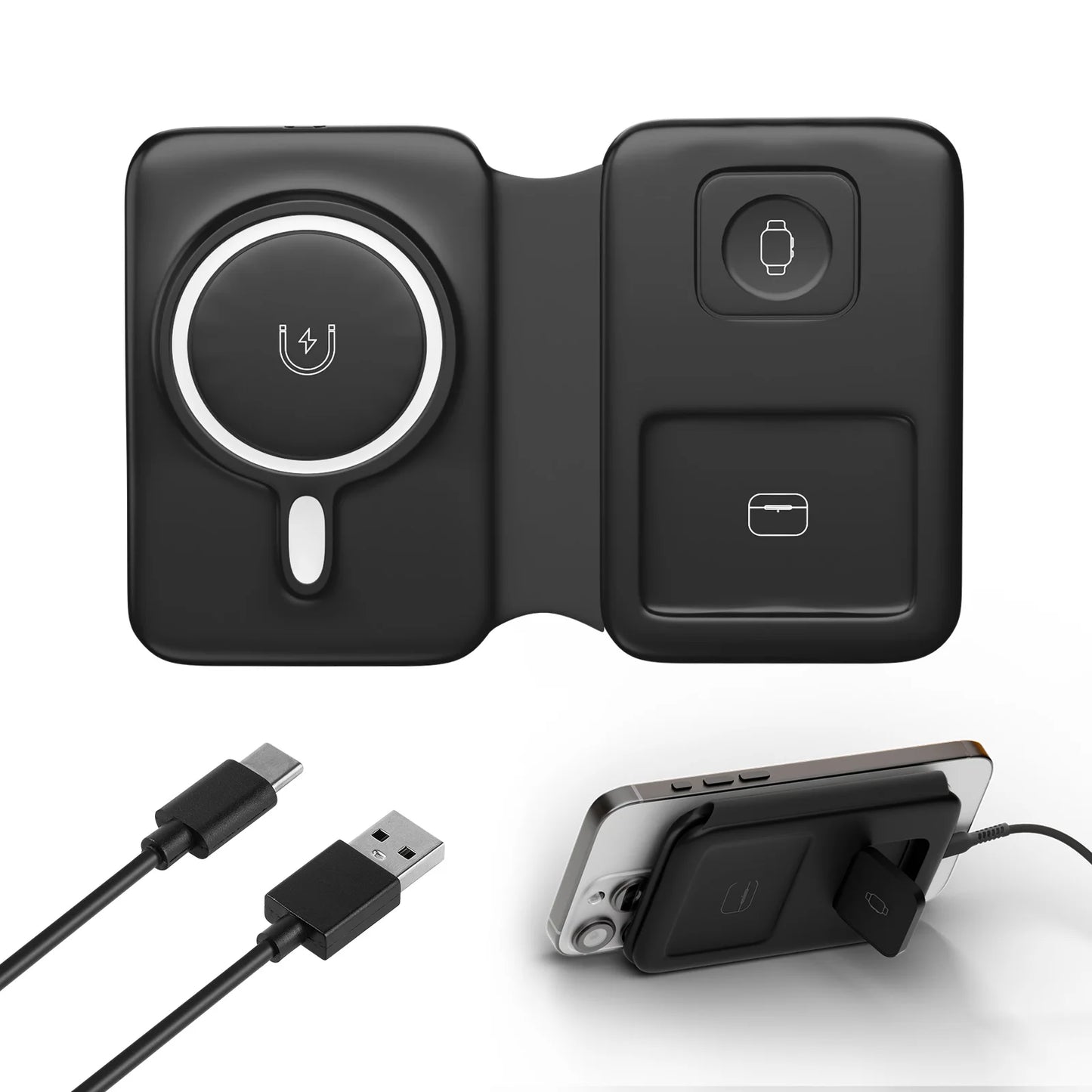 15W Magnetic 3 in 1 Wireless Charger Station Foldable Fast Charging  Type-C For iPhone 17 16 15 14 Xiaomi SAMSUNG iWatch AirPods