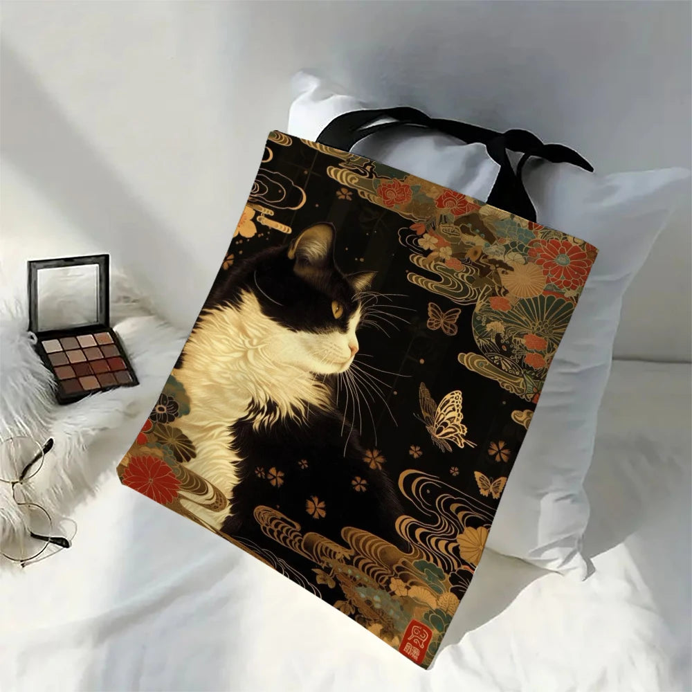 Classic Black And White Cat Tote Bag With Cat Print, Reusable Shoulder Shopping Beach Bag For Women, Durable Casual Carryall