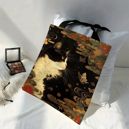 Classic Black And White Cat Tote Bag With Cat Print, Reusable Shoulder Shopping Beach Bag For Women, Durable Casual Carryall