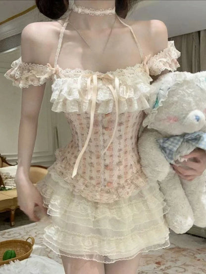 Sweet Kawaii 2-Piece Dress Set Women Sexy Off-Shoulder Corset Tops + Mini Cake Skirt Japanese Casual Harajuku Chic Outfit New