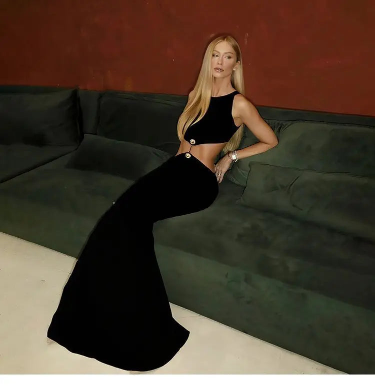 2026 Summer Fashion New Women's Elegant Design Dress Two Piece Set Sleeveless Top Slimming High Waist Long Dress Set