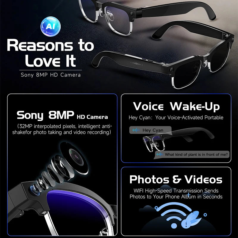 New 800W 4K UHD Camera Smart AI Glasses Recording Videos 290mAh Photo Recognition Translation Al Voice Bluetooth Smart Glasses