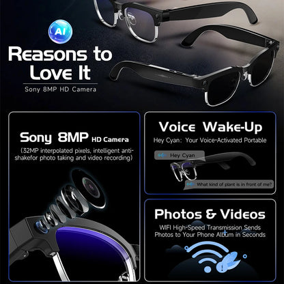 New 800W 4K UHD Camera Smart AI Glasses Recording Videos 290mAh Photo Recognition Translation Al Voice Bluetooth Smart Glasses