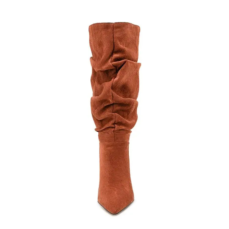 2025Women's Autumn and Winter New Pleated High-heeled Short Boots with Pointed Sleeves, Women's 35-47 Large Mid Length Boots