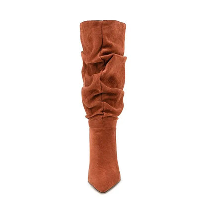 2025Women's Autumn and Winter New Pleated High-heeled Short Boots with Pointed Sleeves, Women's 35-47 Large Mid Length Boots