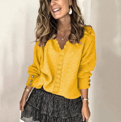2025 autumn and winter new lace V-neck casual slim jacket sweater for women loose long-sleeved solid color sweater