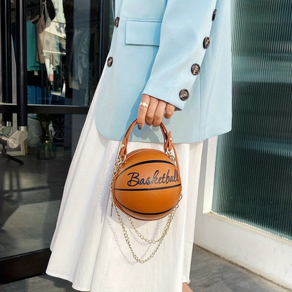 Basketball Shaped Crossbody Bag, Trendy Y2K Chain Shoulder Bag, PU Leather Top Handle Circle Purse Purses and Handbags Hand Bags