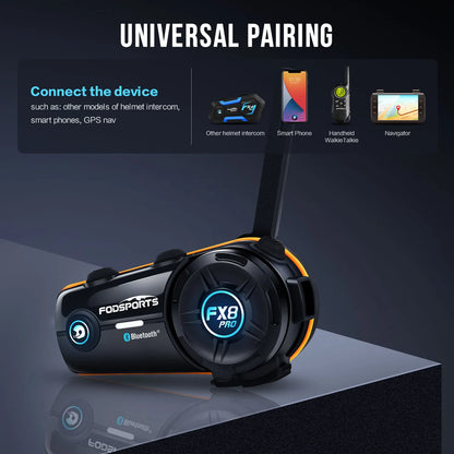 2pcs Fodsports FX8 Pro Motorcycle Helmet Intercom Bluetooth Headset Interphone,10 Riders 2000M,Dual Chip,Support APP.