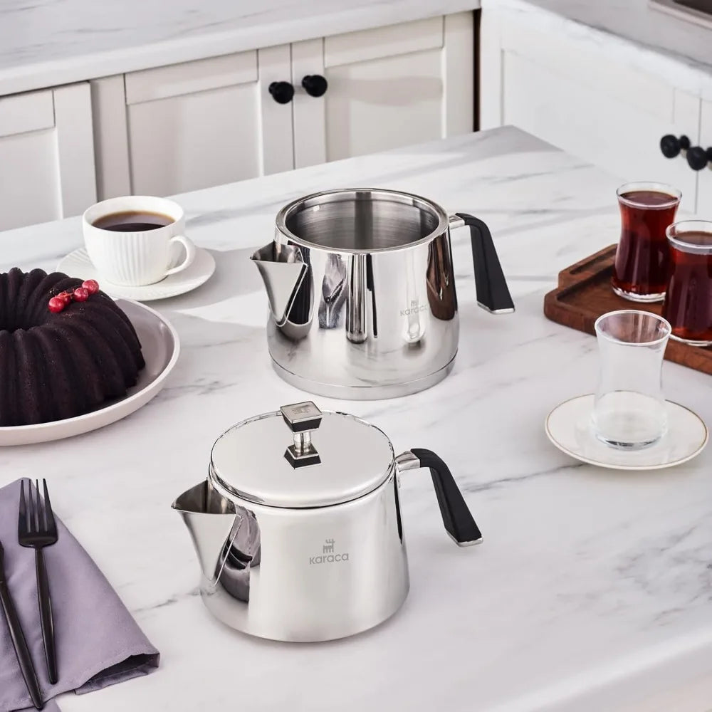 Stainless Steel XL Turkish Teapot Set with 1L Pot and 2L Tank, Compatible with Stovetop and Induction, Elegant Design for Large