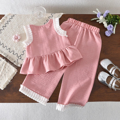 Bear Leader Korean Version Kids Clothes Girls Blue Imitation Denim Suit Summer New Sleeveless Top+Wide Leg Pants Two-piece Set